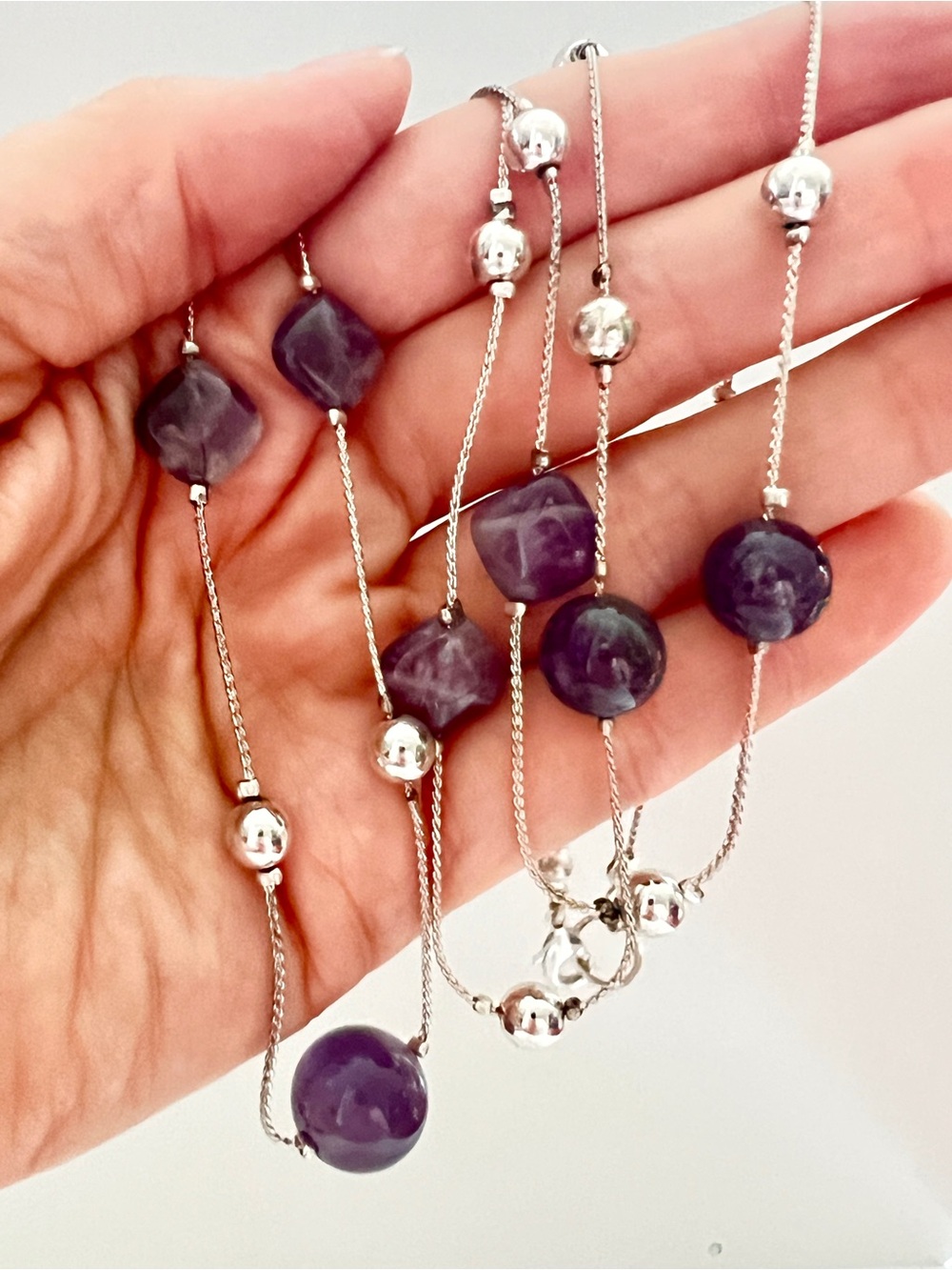 Amethyst Long Station Flapper Style Necklace Purple Polished Beads Silver Tone